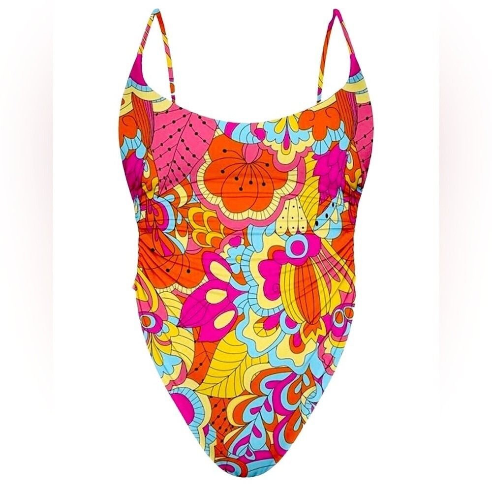 Retro Psychedelic Floral One Piece Swimsuit Belted High Leg Multicolor XL